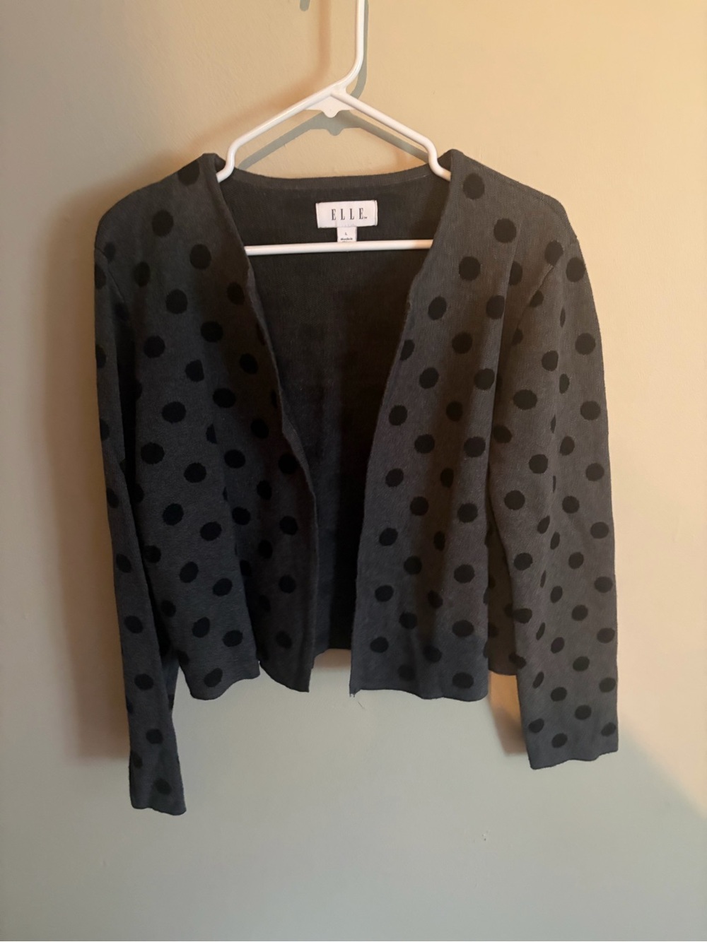 Elle Dark Gray Open Front Polka Dot Cardigan